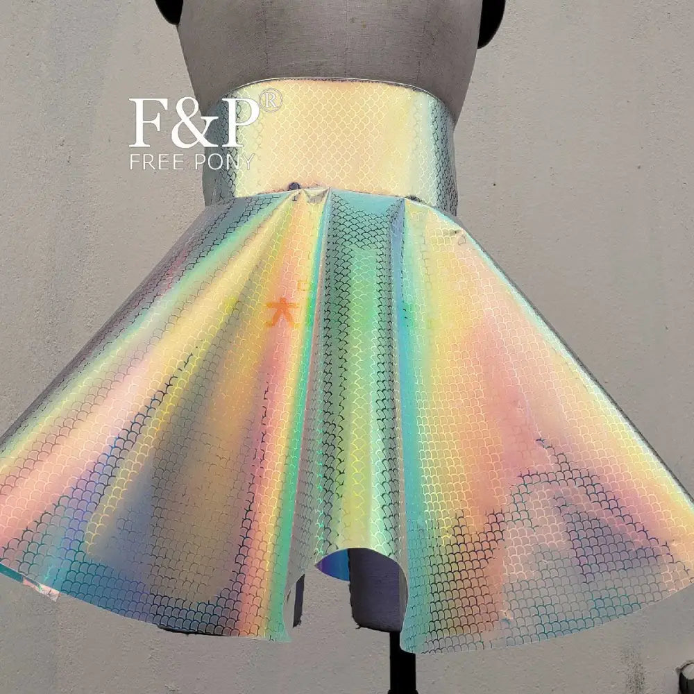 Holographic Rainbow Iridescent PVC High Waist Skirt - Pink