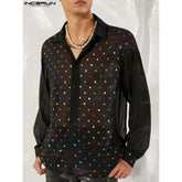 INCERUN 2022 Men Mesh Shirt Lapel Long Sleeve Transparent Streetwear Polka Dot Print Sexy Shirts Casual Camisa Masculina S-5XL