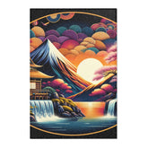 Japanese Artwork Area Rug with Cherry Blossom and Waterfall