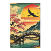 Japanese-Style Area Rug with Cherry Blossom and Mountain