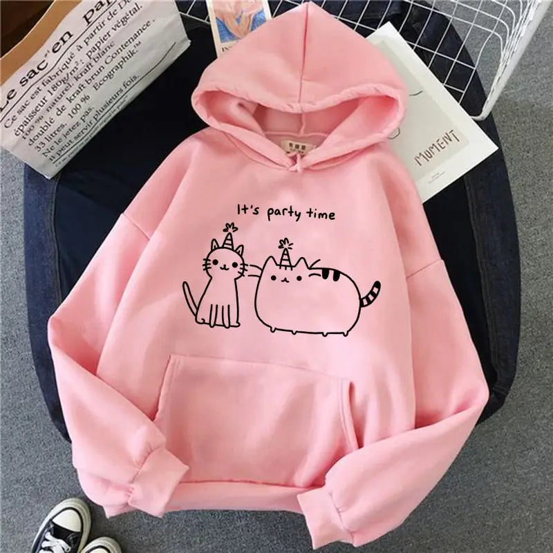 Kawaii Cat Korean Hoodie - It’s party time / S / Pink