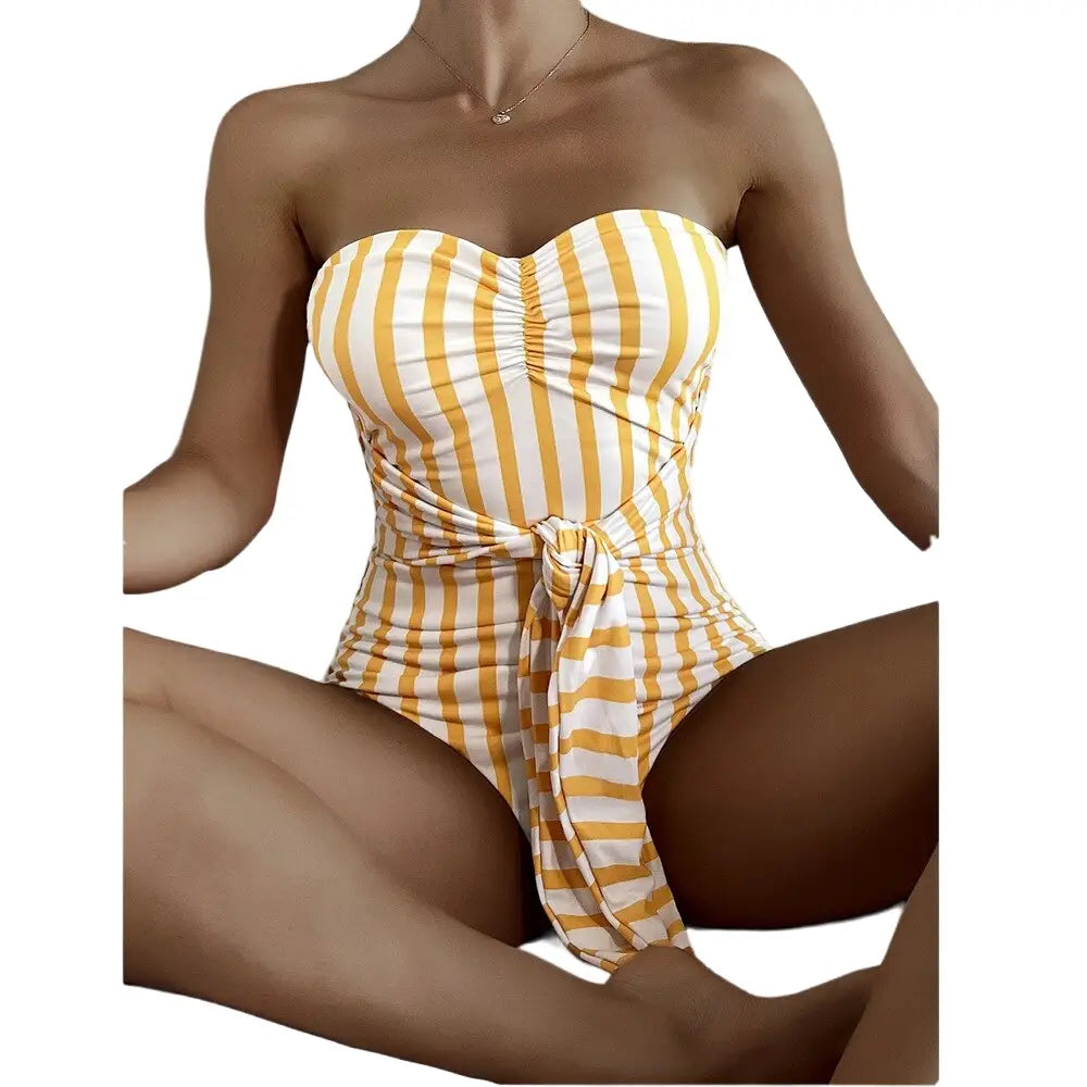 Lace-Up Stripe Backless Swimsuit - Swimsuits