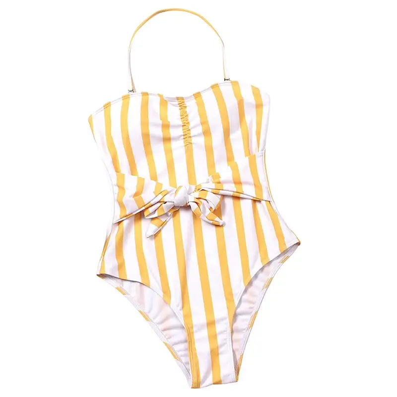 Lace-Up Stripe Backless Swimsuit - Yellow / S - Swimsuits