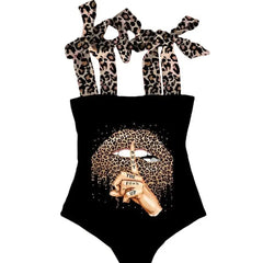 Leopard Shoulder Lace Strap Swimsuit - Black / S - Swimsuits