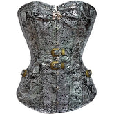 Vintage gothic corset with black lace and front closure.