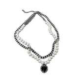 Link Chain Pearl Heart Pendant Necklace