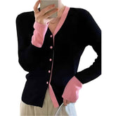 Long Sleeve Button Up V Neck Knit Cardigan Black / One Size