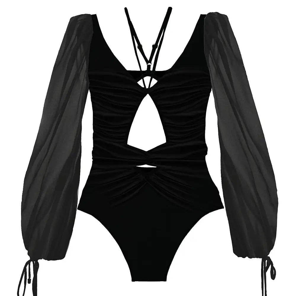 Long Sleeve Ruffle Swimsuit - Black / S - Swimsuits