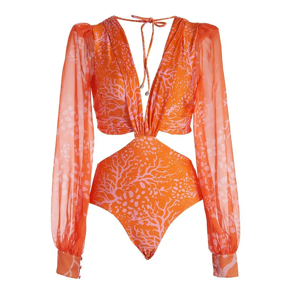 Long Sleeve Ruffle Swimsuit - Orange / S - Swimsuits