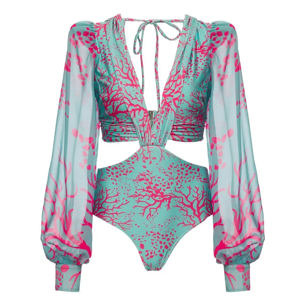 Long Sleeve Ruffle Swimsuit - Rose / S - Swimsuits