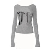 Long Sleeve Skinny Ribbed Sparkle Bow Slim Fit Sweater