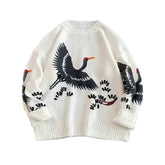 Long Sleeve Sweater with White Crane Bird Print / S