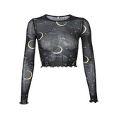 Long-Sleeved Kawai Mesh Top with Moon and Stars Design