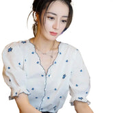 Loose Blouse with Flower Embroidery Short Sleeve