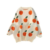 Loose Round Neck Long Sleeve Sweater With Orange Fruit Print