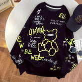 Loose Sweatshirt with Cute Bear Embroidery Black / M