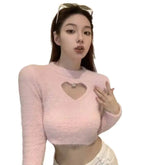 Love Hollow Out Slim Furry Long Sleeve Solid Color Tops