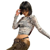 Mesh Newspaper Print Long Sleeve Crop Top