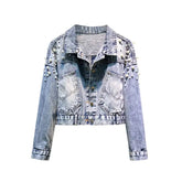 Mosaic Pearl Short Loose Denim Jacket with Beaded Design