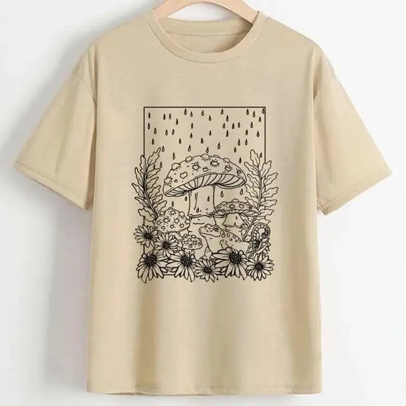 Mushroom Fan Club Retro Cute T-Shirts - Khaki. / XS