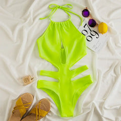 Neon Lace-Up Halter Cut Backless Bathing Suit - yellow / S