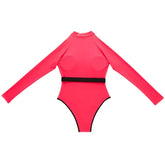 Neon One-Piece Long-Sleeve Swimwear with Zipper and Belt