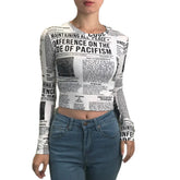 Newspaper Printed Long Sleeve Top for Women White / S