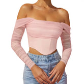Off Shoulder Sleeve Mesh See Through Crop Top