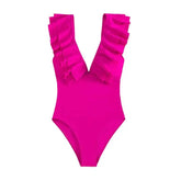 One Piece Ruffled V Neck Swimwear for Women Rose / S