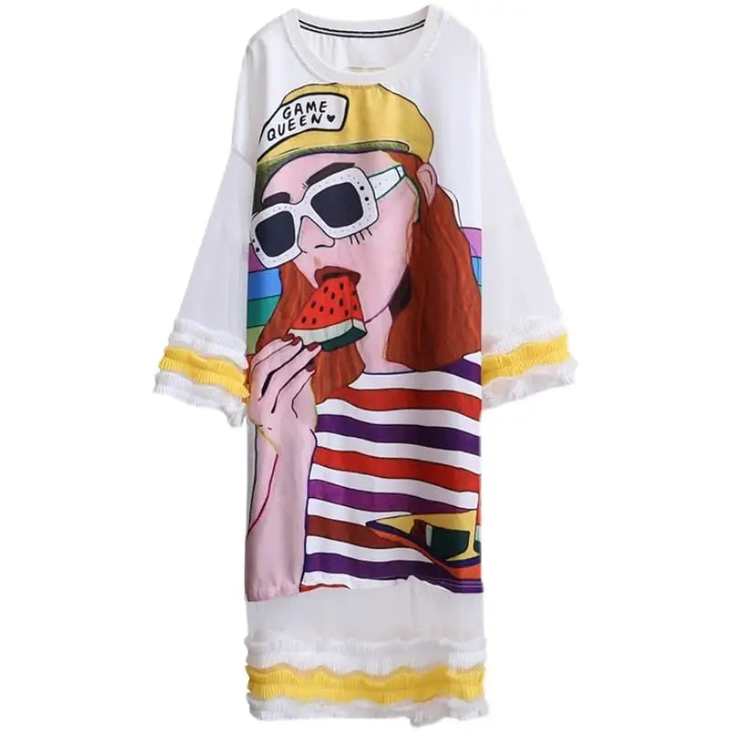 Oversized Flare Sleeves Cartoon Print T-Shirt Dress - UrbanWearOutsiders Oversized Flare Sleeves Cartoon Print T-Shirt Dress - UrbanWearOutsiders