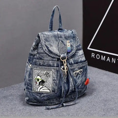 Patches And Shiny Rivets Safety Clasp Backpack - Blue