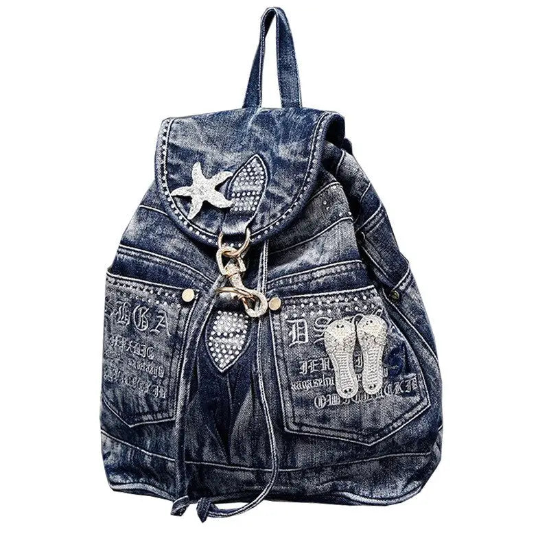Patches And Shiny Rivets Safety Clasp Backpack - Denim
