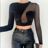 Patchwork Mesh See Through Crop Tops Breathable Design