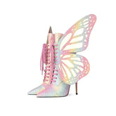 Pink Butterfly Wings PU Leather Stiletto Boots Euro Size