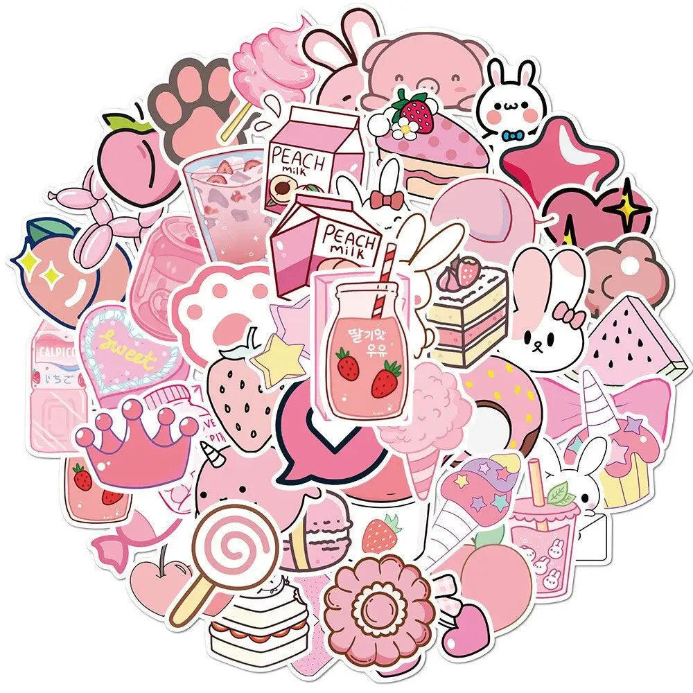 Pink Girl Cartoon Waterproof Stickers - 10pcs