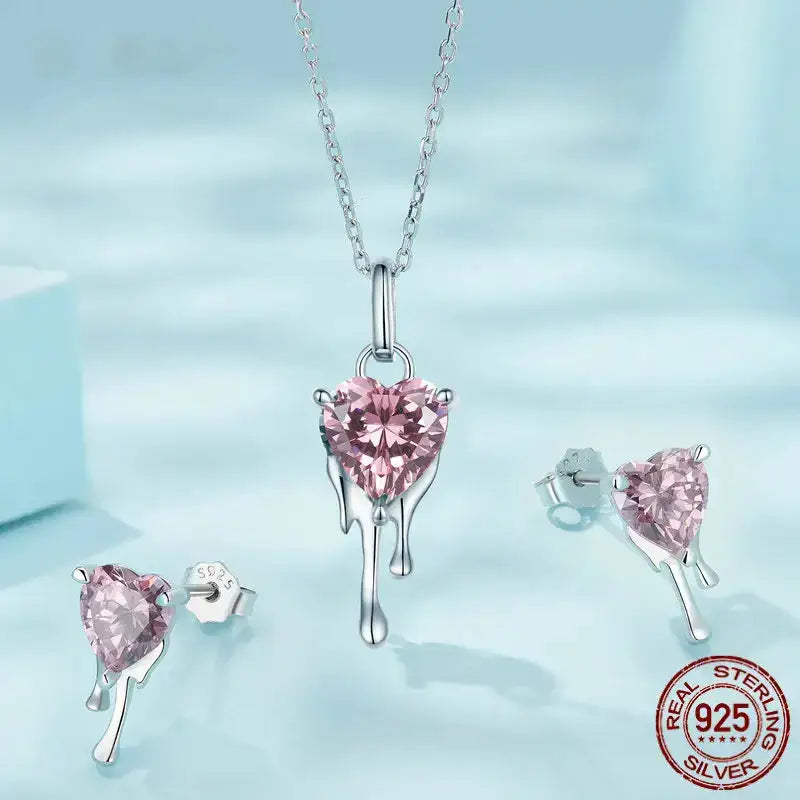 Pink Heart Crystal Drop Earrings Necklace Set