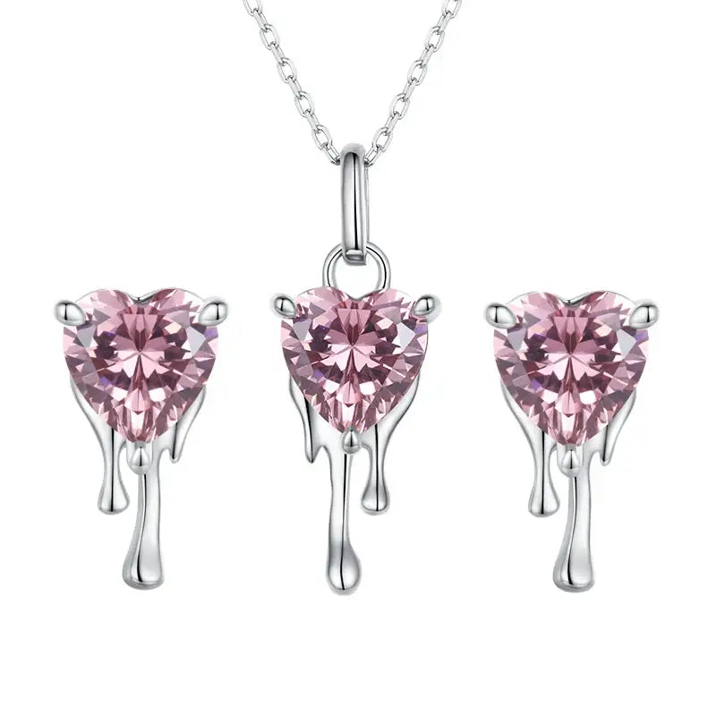 Pink Heart Crystal Drop Earrings Necklace Set