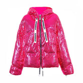 Pink Sequins Hologram Winter Hooded Coat