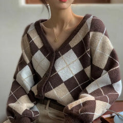Plaid Argyle Long Sleeve Knitted Cardigan - Dark Brown
