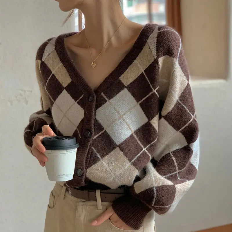 Plaid Argyle Long Sleeve Knitted Cardigan - Swaeter