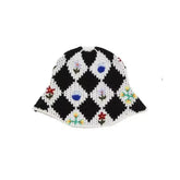Plaid Embroidered Flowers Knitting Bucket Hat