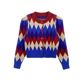 Plaid Round Neck Knitted Cardigan Red / M