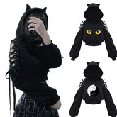 Polyester Cat Ears Open Shoulder Crop Hoodie