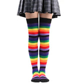 Polyester Colorful Rainbow Striped Long Socks Dark Blue