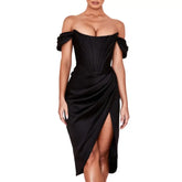 Polyester Off Shoulder Knee Length Dress Black / S