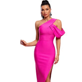 Polyester One Shoulder Lower Opening Elegant Dress Pink / XS