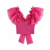 Polyester Puff Ruffle Sleeve Back Bow Blouse Pink / S