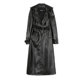 PU Leather Trench Coat Long Sleeve 32 Inches Length Black