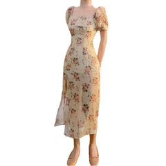 Puff Sleeves Elegant Midi Dress - Floral / S