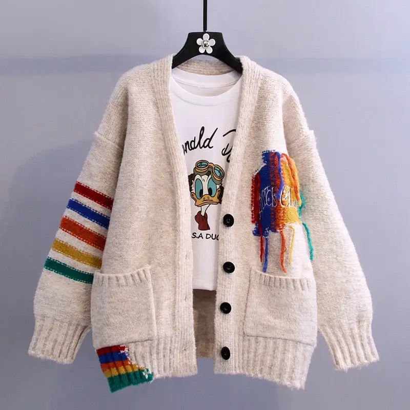 Rainbow Buttons Tassel Knitted Cardigan Sweater - Khaki